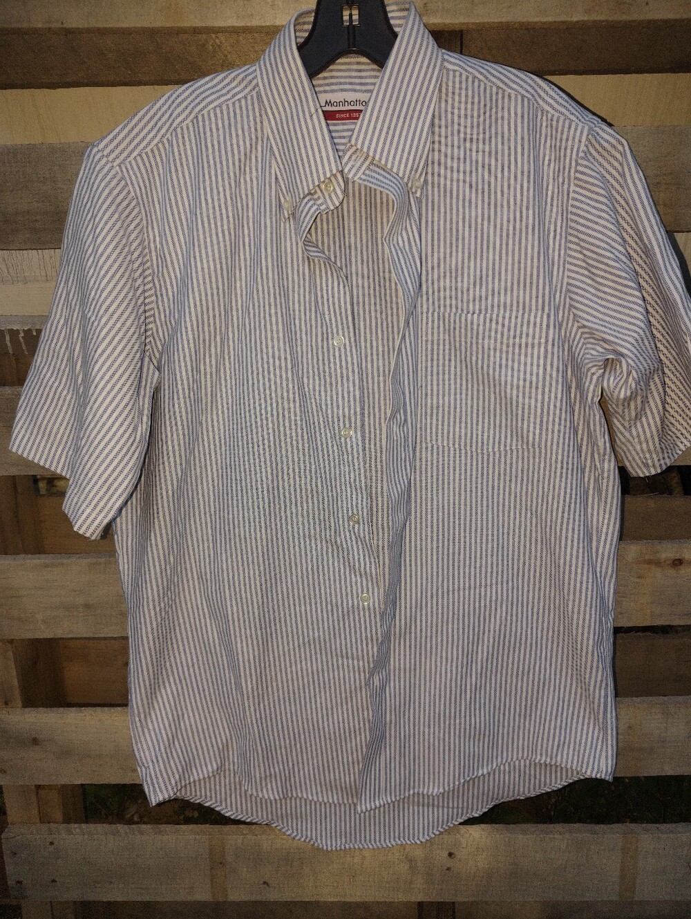 Manhattan Short-Sleeve Blue & White Striped Casual Button-Down Shirt